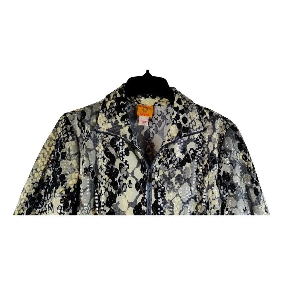 Jacket Faux Snake Skin Pattern Shinny Zipper Gunmetal Sequined Ruby Red